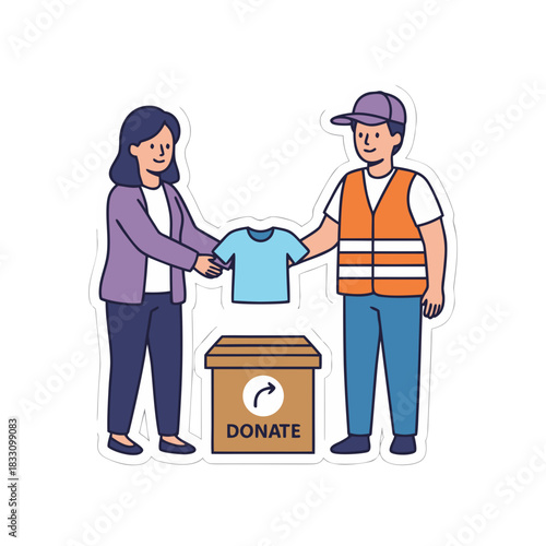 Woman Donating Clothes To A Volunteer At A Donation Box Flat Vector Art Minimalist Clean Design Illustration