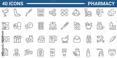 Pharmacy line icon set. Includes pharmacy, pills, tablets, drugs, medicine, pharmacist, mortar, cross, protection, syringes, and medical laboratory. Editable stroke. Vector illustration