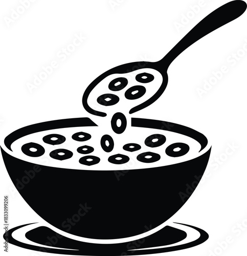Minimalist black cereal bowl with spoon breakfast silhouette vector icon