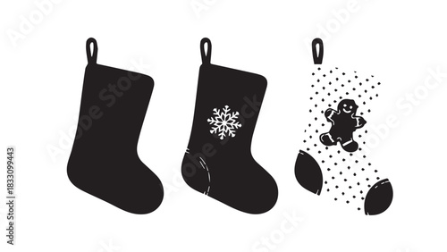 Three black Christmas stockings with snowflake design and scattered decorative dots for festive holiday decor.