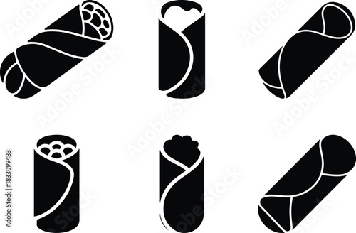 Set of Minimalist black burrito wrap mexican food silhouette vector icon