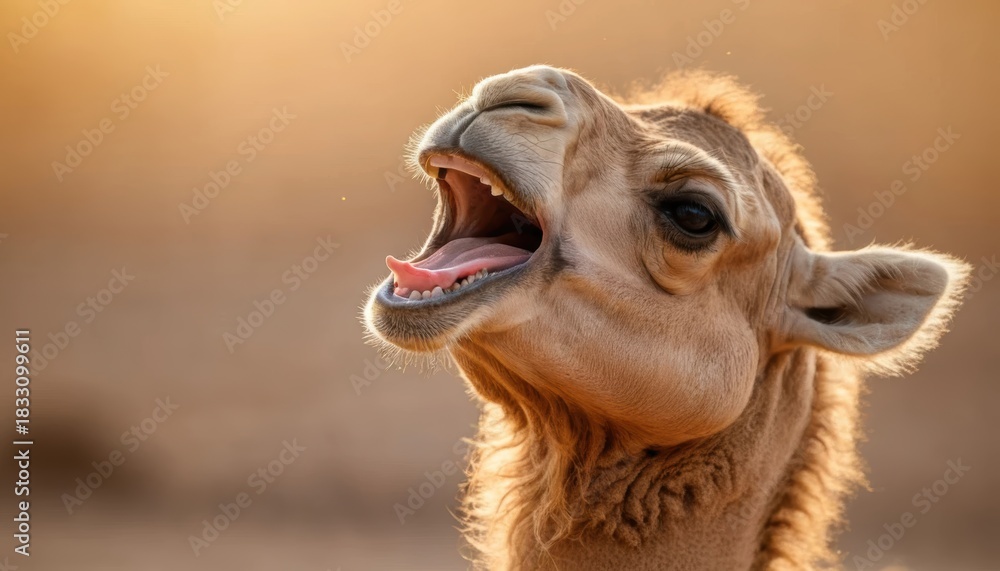 Obraz premium Camel smiles brightly in sunset glow, showcasing playful spirit and charm Generative AI