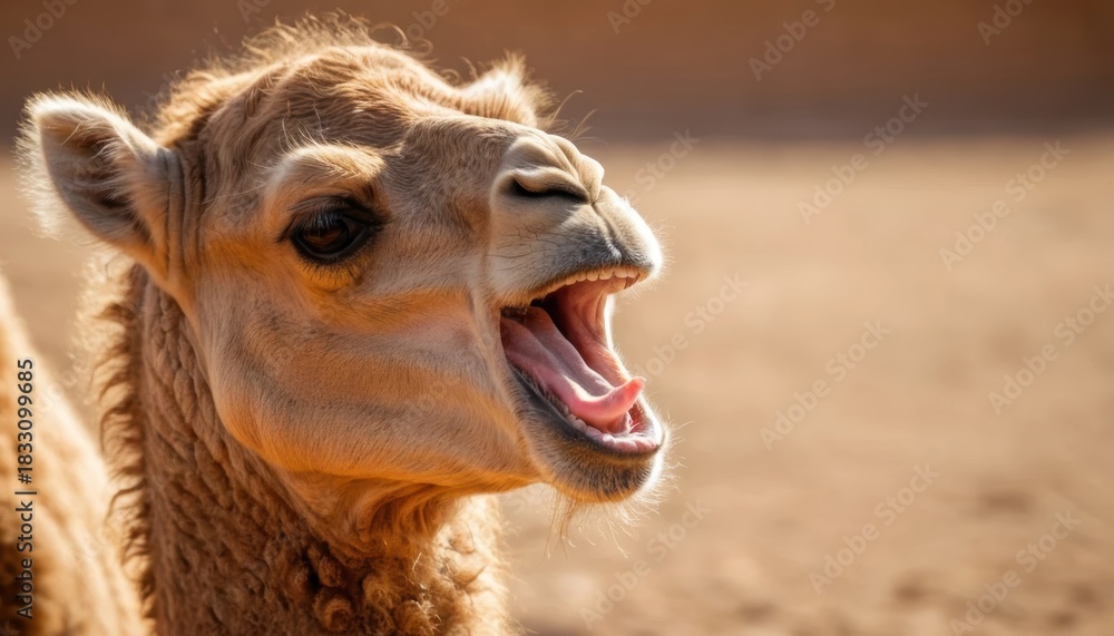 Obraz premium Camel vocalizing in desert setting with warm sunlight Generative AI