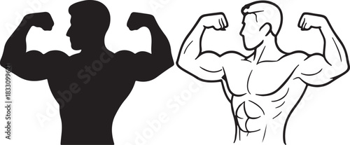  a muscular man flexing his biceps in silhouette and line art