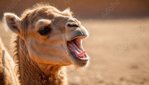 Camel vocalizing in desert setting with warm sunlight Generative AI