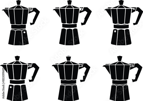 Set of Minimalist black moka coffee pot percolator silhouette vector icon