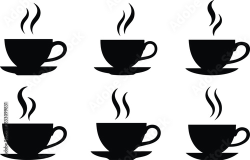 Set of Minimalist black hot tea cup with steam silhouette vector icon