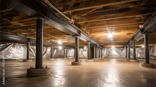 Crawl space with steel support jack and concrete pad for foundation repair and crawl space stabilization, showing beam, pier, vapor barrier and structural reinforcement.