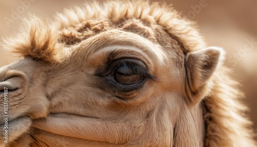 Close-up view of a camel with striking features in a desert landscape Generative AI
