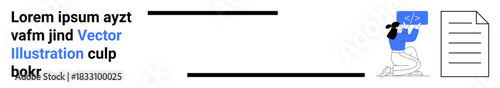 Software development, coding, programming, documentation, digital workflow, user interface design. Person writing code on a computer with a document icon. Software development and coding concept