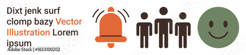 Communication, teamwork, alert systems, notifications, social interaction, positivity. A bell icon next to people figures and a happy face. Communication and teamwork concept