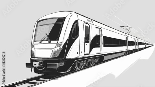 A black and white drawing of a train traveling along the tracks, showcasing its detailed design and surrounding scenery