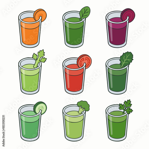 Set of fresh vegetable juice in glass cups vector illustration including carrot tomato and broccoli