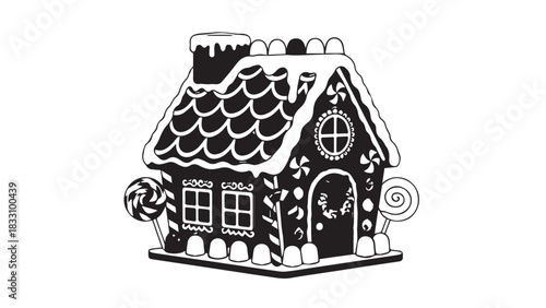 Gingerbread House Cookie Illustration: A Charming Holiday Cottage Made of Confections.