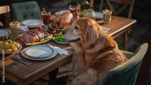 Golden Retriever Anticipating Thanksgiving Feast at the Dinner Table