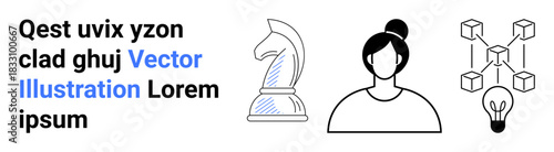 Business strategy, personal identity, blockchain, innovation, technology, teamwork. Chess knight, female avatar blockchain network with lightbulb. Business strategy and personal identity concept