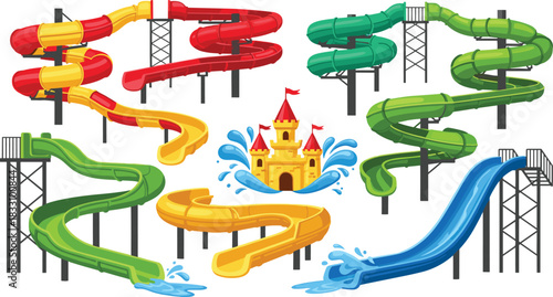Collection of colorful water slides and a cartoon castle with water splashes water park