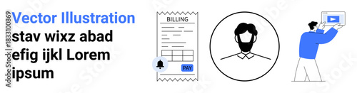 Billing receipt with pay button, user profile icon, person showing video interface. Ideal for account management, digital payments, identity, media, UI design, tutorials and simple landing page