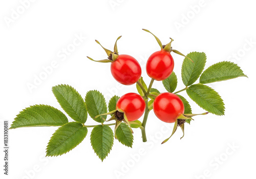 Fresh rose hip branch vibrant red berries green leaves, rich in vitamin c, isolated on transparent background