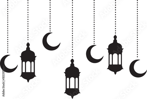 Hanging Islamic lanterns and crescent moons decoration for Ramadan and Eid celebration silhouette vector art