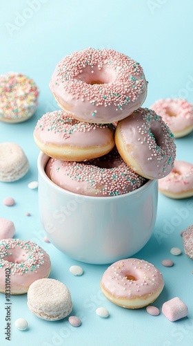 A stack of pink glazed donuts with sprinkles, arranged in a white cup, surrounded by other treats on a light blue background. Sweet food photography.