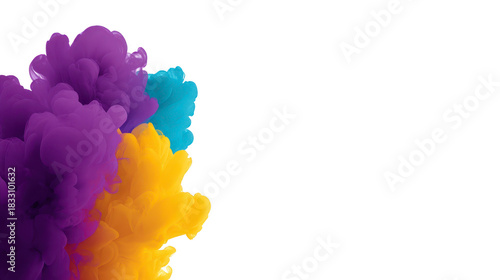 Colorful abstract smoke cloud with vibrant purple, blue, and yellow hues blending together on transparency background, creating dynamic and creative visual effect