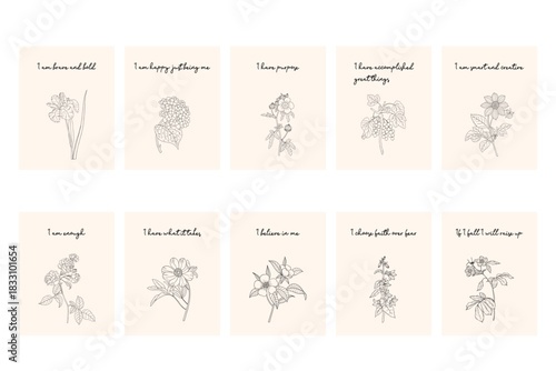 Floral affirmation cards, minimalist botanical line art with positive quotes, aesthetic motivation card set
