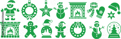 Christmas icons including gingerbread men, snow globes, fireplaces, and ornaments arranged to add warm festive character to seasonal cards and holiday designs.