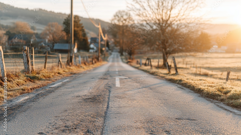 Fototapeta premium Quiet country road at sunrise with warm light illuminating trees and fields