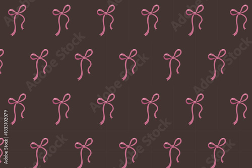 Pink bow seamless pattern on dark background, elegant ribbon repeat design, girly aesthetic print, swatch available in swatches panel