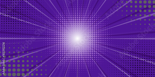 Purple anime explosion background with radial speed lines bursting from bright white center. Comic book halftone dots, dynamic motion effects for manga action scenes, superhero fights or energy blasts
