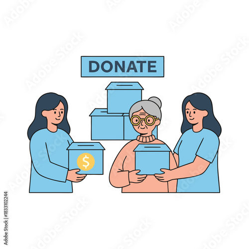 Elderly woman and two young women holding donation boxes with a DONATE sign above them showing concept of giving and charity