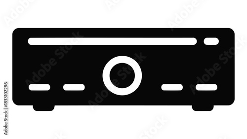A simple black and white icon representing a car audio receiver with a prominent volume knob and control buttons for in