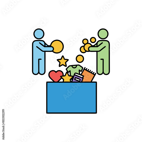 Two figures exchange items over a blue bin filled with t-shirts, books, hearts, and stars symbolizing community sharing and donation activities