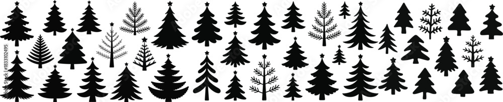 Fototapeta premium elegant Christmas tree silhouettes arranged as a decorative winter border that enhances cards, invitations, posters, and seasonal designs with a calm minimalist holiday feel.