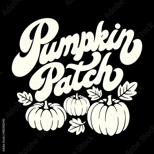Creamy white pumpkin patch text and pumpkins on black