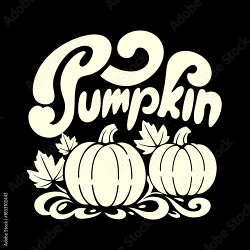 Creamy white pumpkin and leaf graphic on black autumn