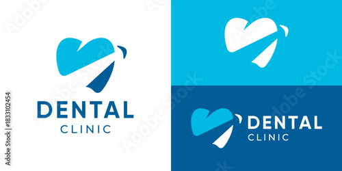 Creative simple dental clinic logo template. Teeth with abstract arrow or smile logo design vector illustration.
