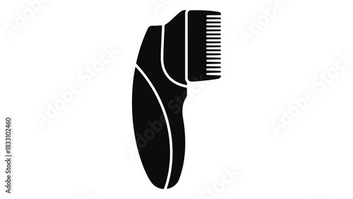 Close up silhouette of a black electric hair clipper with comb attachment isolated on a white background with text below