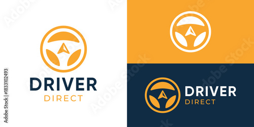 Creative simple driver direct logo template. Steering wheel with arrow logo design vector illustration. 