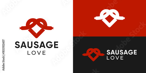 Creative simple sausage love logo template. Abstract love shape with sausage, love bbq logo design vector illustration.