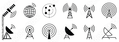 Modern line art set of communication and broadcast icons for web design, satellite technology, signal towers, and global networking, essential visuals for tech and telecom companies