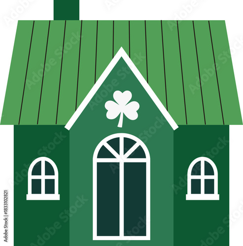 St. Patrick’s Day Green House with Shamrock Clipart.
Lucky Shamrock Cottage Flat Vector Illustration.
Green Irish House Icon for St. Patrick’s Day Decor.
Transparent background.