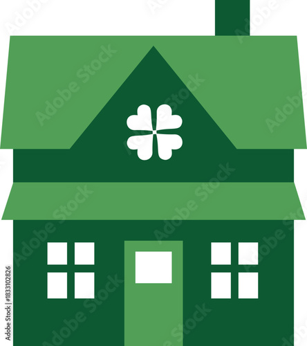 St. Patrick’s Day Green House with Shamrock Clipart.
Lucky Shamrock Cottage Flat Vector Illustration.
Green Irish House Icon for St. Patrick’s Day Decor.
Transparent background.