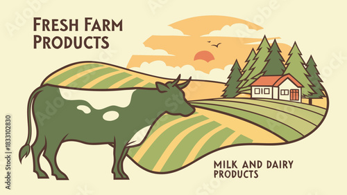 Farm landscape with cow and dairy products logo