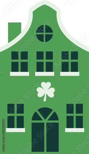 St. Patrick’s Day Green House with Shamrock Clipart.
Lucky Shamrock Cottage Flat Vector Illustration.
Green Irish House Icon for St. Patrick’s Day Decor.
Transparent background.
