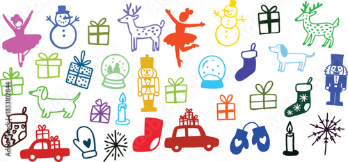 festive holiday doodles with colorful snowmen, dancers, ornaments, and gifts illustrated in a whimsical style perfect for cheerful Christmas artwork and celebration designs.