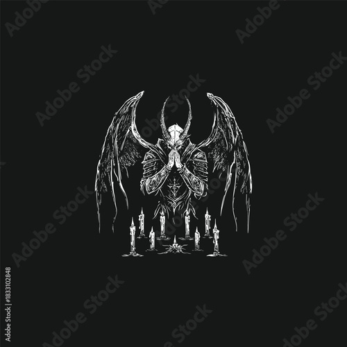 engraving-style illustration featuring a demonic entity or dark lord with large wings and horns, standing amidst several burning candles
