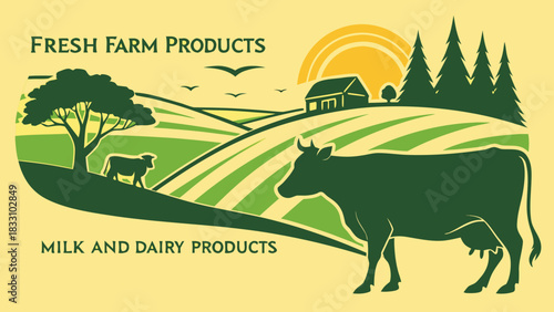 Farm landscape with cow and dairy products logo