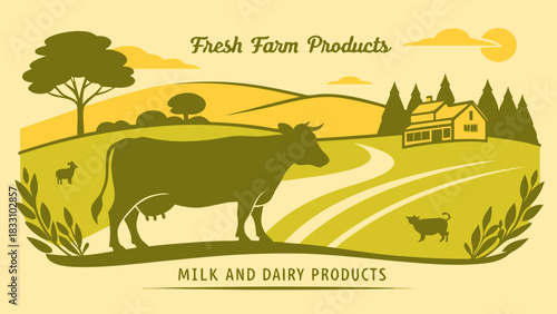 Farm landscape with cow and dairy products logo